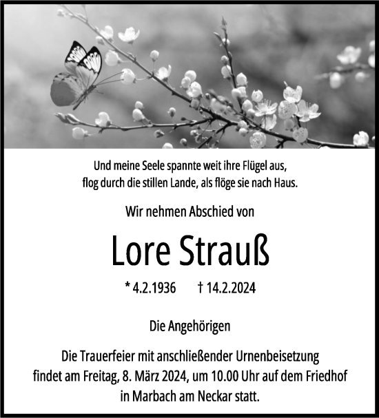 Traueranzeige von Lore Strauß von Marbacher Zeitung