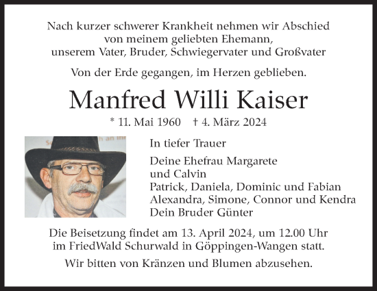 Traueranzeige von Manfred Willi Kaiser von Marbacher Zeitung