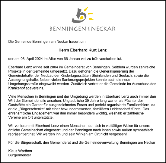 Traueranzeige von Eberhard  Lenz von Marbacher Zeitung