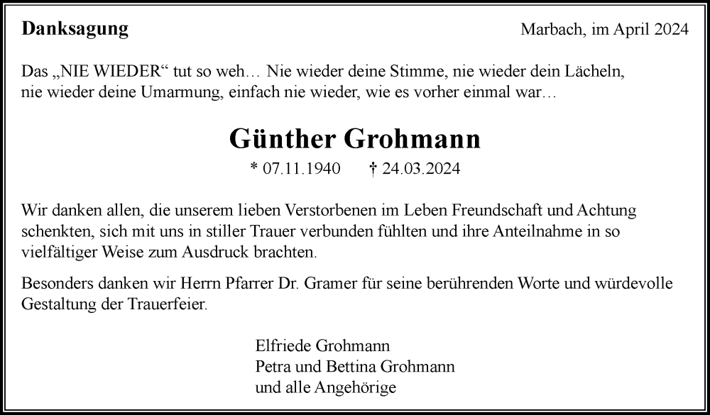  Traueranzeige für Günther Grohmann vom 19.04.2024 aus Marbacher Zeitung