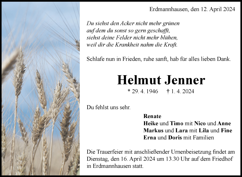  Traueranzeige für Helmut Jenner vom 12.04.2024 aus Marbacher Zeitung