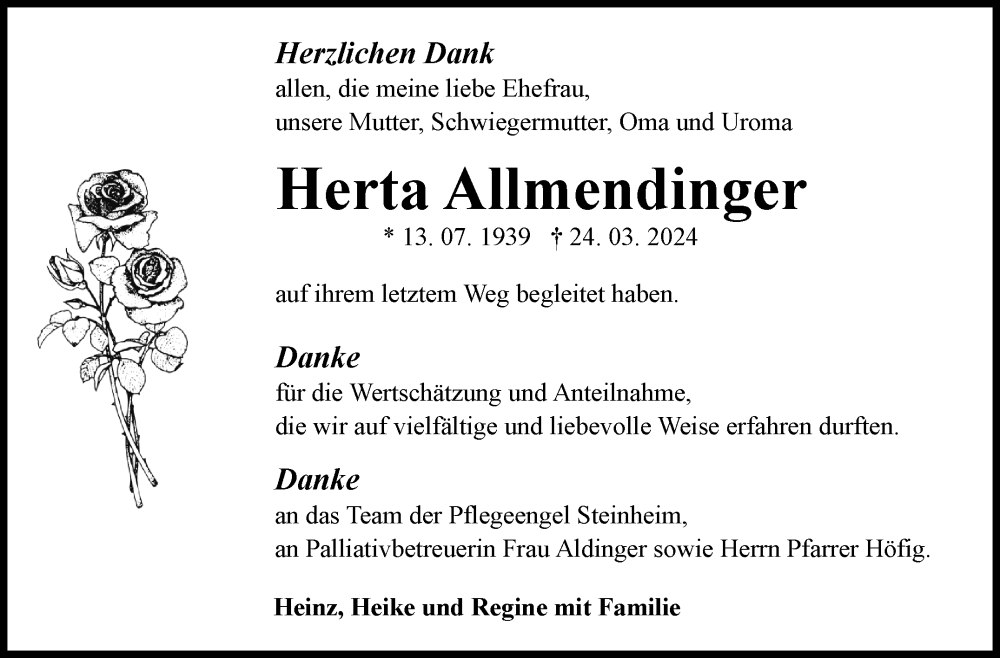  Traueranzeige für Herta Allmendinger vom 11.04.2024 aus Marbacher Zeitung