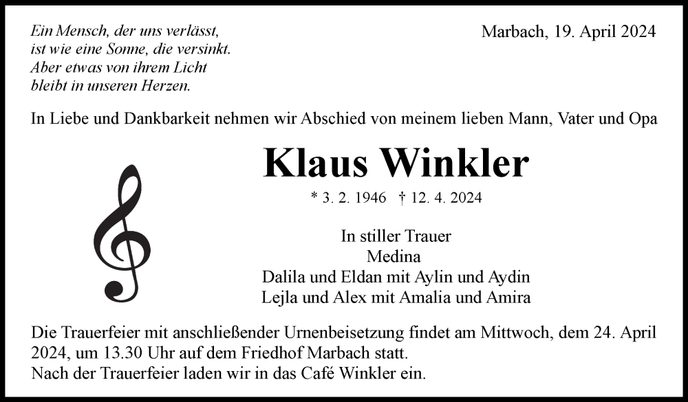  Traueranzeige für Klaus Winkler vom 19.04.2024 aus Marbacher Zeitung