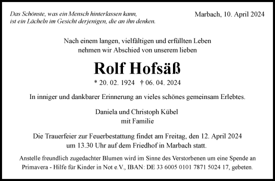 Traueranzeige von Rolf Hofsäß von Marbacher Zeitung