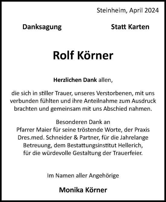 Traueranzeige von Rolf Körner von Marbacher Zeitung