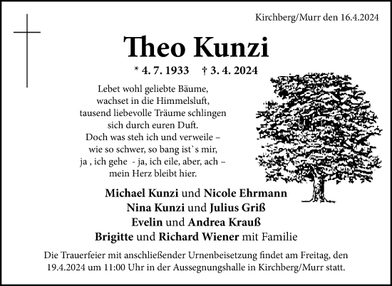 Traueranzeige von Theo Kunzi von Marbacher Zeitung