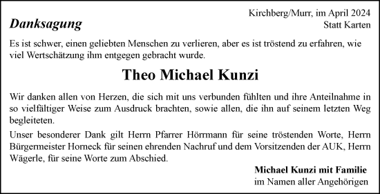 Traueranzeige von Theo Michael Kunzi von Marbacher Zeitung