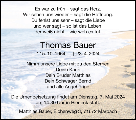 Traueranzeige von Thomas Bauer von Marbacher Zeitung