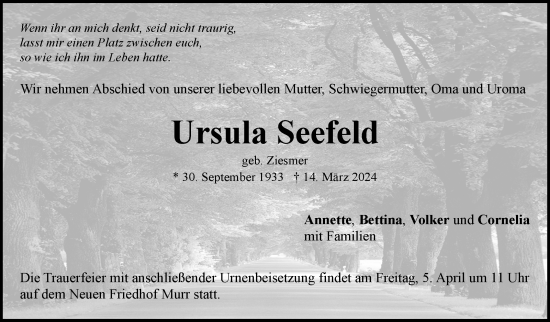 Traueranzeige von Ursula Seefeld von Marbacher Zeitung