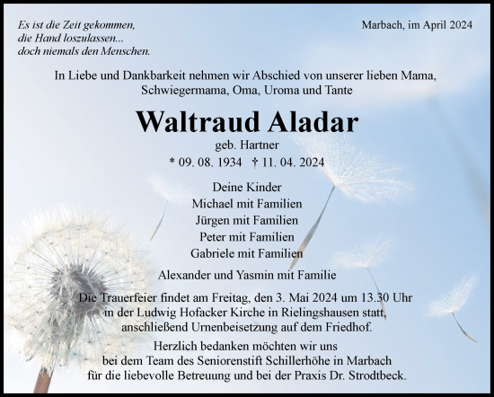 Traueranzeige von Waltraud Aladar von Marbacher Zeitung