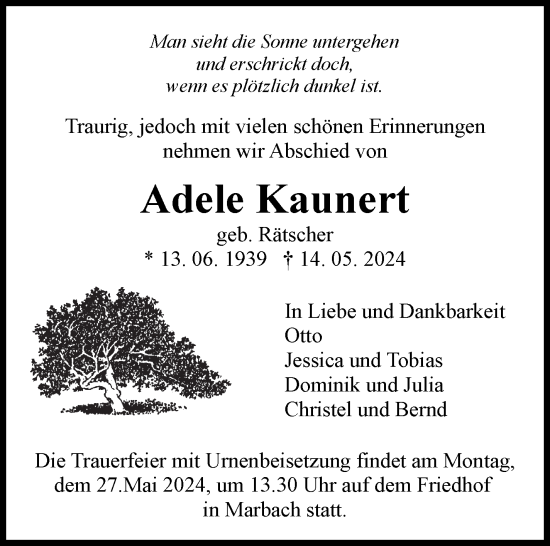 Traueranzeige von Adele Kaunert von Marbacher Zeitung