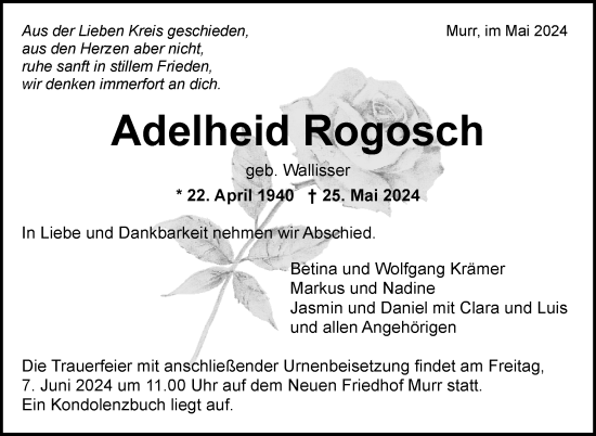 Traueranzeige von Adelheid Rogosch von Marbacher Zeitung