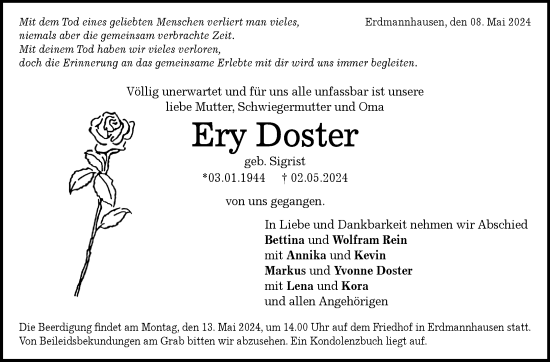 Traueranzeige von Ery Doster von Marbacher Zeitung
