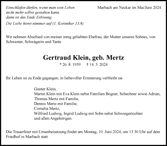 Traueranzeige von Gertraud Klein von Marbacher Zeitung