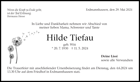 Traueranzeige von Hilde Tiefau von Marbacher Zeitung