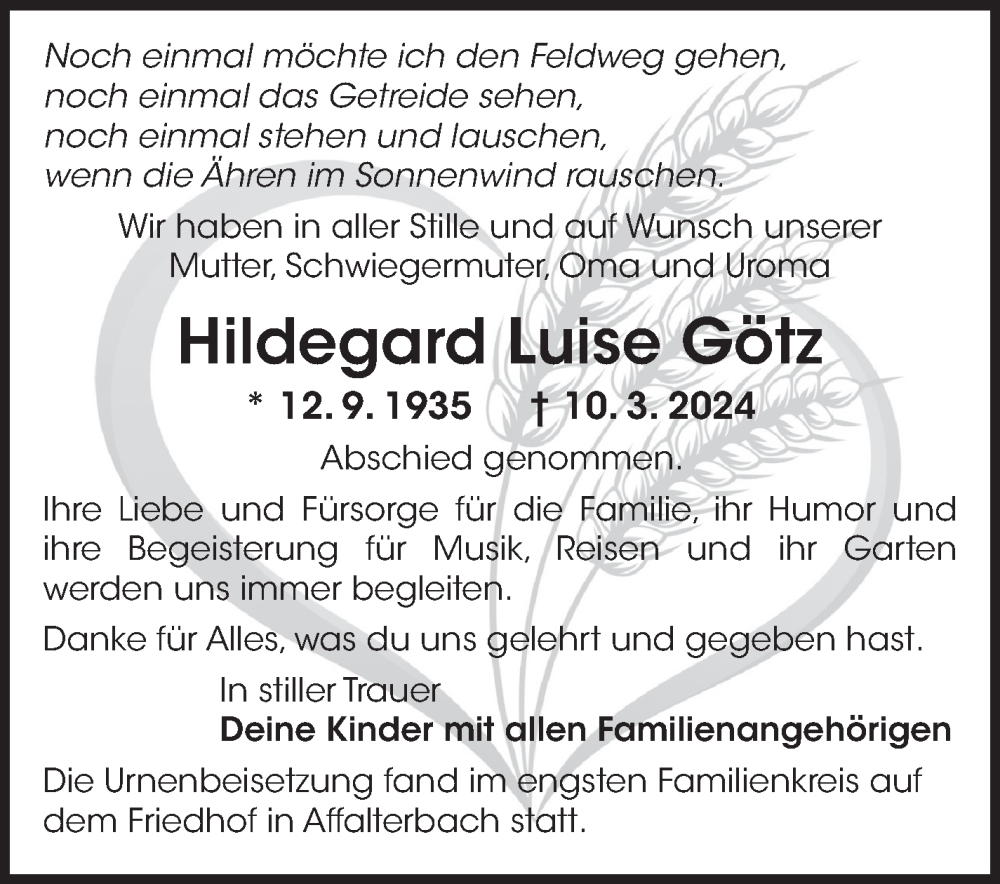  Traueranzeige für Hildegard Luise Götz vom 03.04.2024 aus Marbacher Zeitung