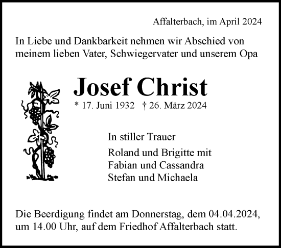 Traueranzeige von Josef Christ von Marbacher Zeitung