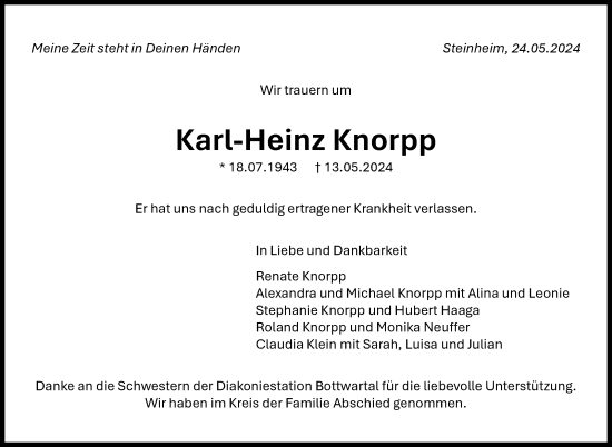 Traueranzeige von Karl-Heinz Knorpp von Marbacher Zeitung