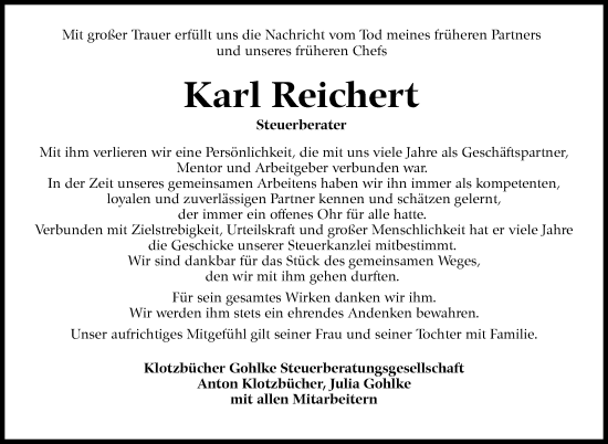 Traueranzeige von Karl Reichert von Marbacher Zeitung