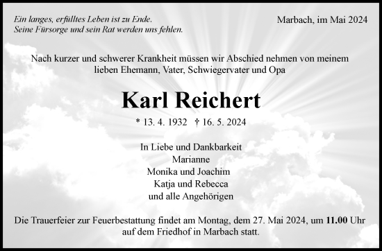 Traueranzeige von Karl Reichert von Marbacher Zeitung