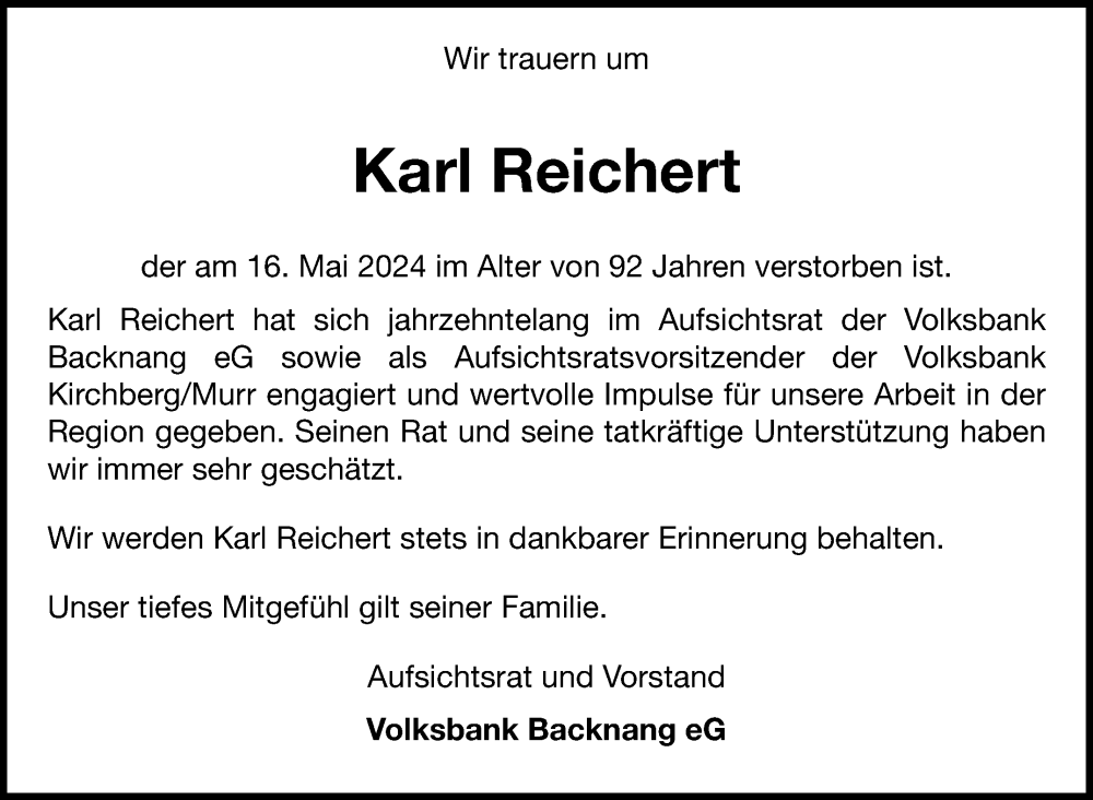  Traueranzeige für Karl Reichert vom 24.05.2024 aus Marbacher Zeitung