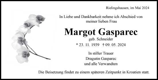 Traueranzeige von Margot Gasparec von Marbacher Zeitung