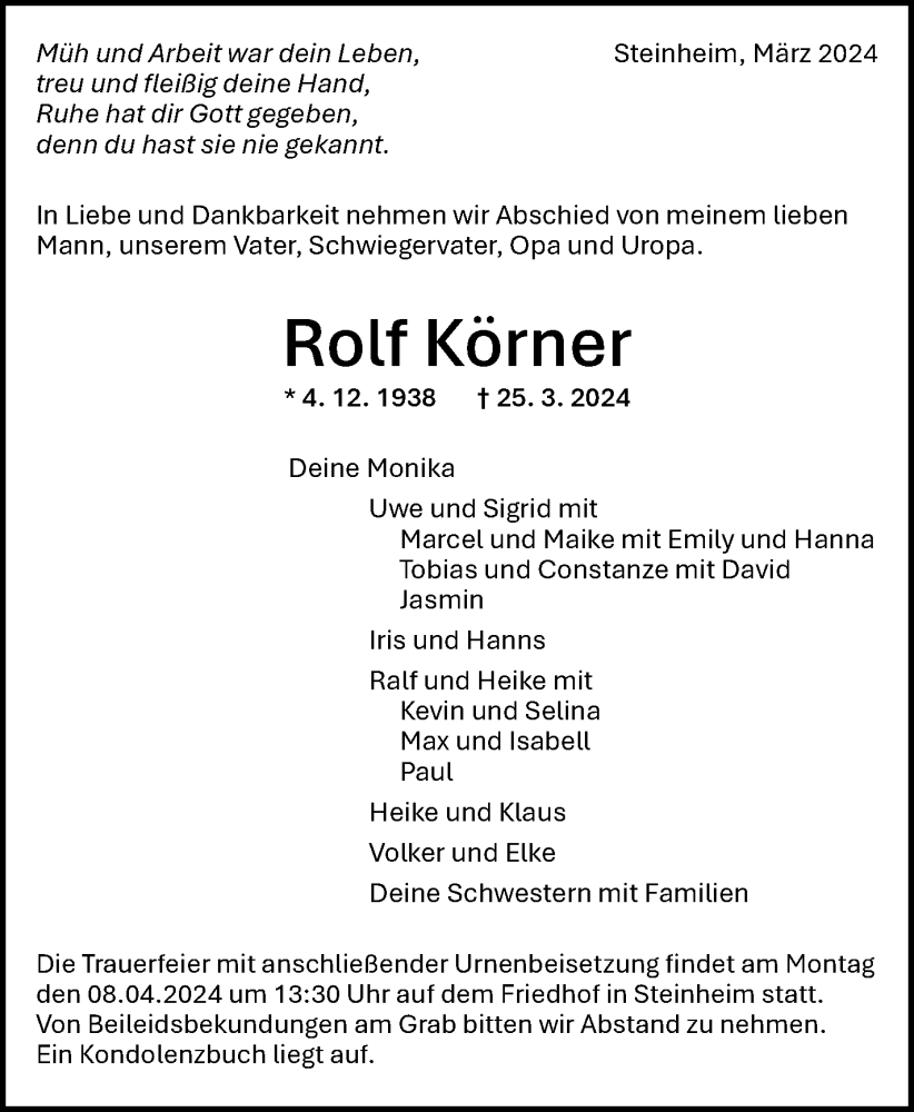  Traueranzeige für Rolf Körner vom 03.04.2024 aus Marbacher Zeitung
