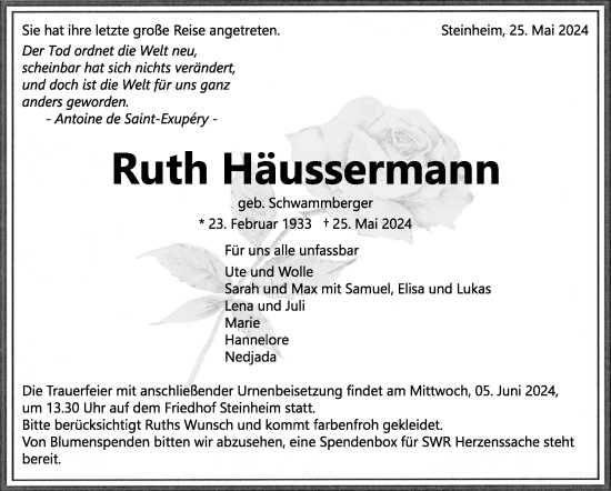 Traueranzeige von Ruth Häussermann von Marbacher Zeitung