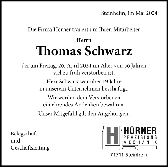 Traueranzeige von Thomas Schwarz von Marbacher Zeitung