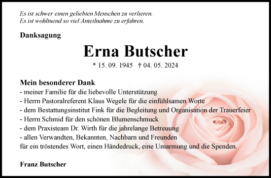 Traueranzeige von Erna Butcher von Marbacher Zeitung