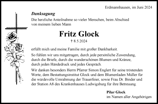 Traueranzeige von Fritz Glock von Marbacher Zeitung