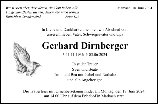 Traueranzeige von Gerhard Dirnberger von Marbacher Zeitung