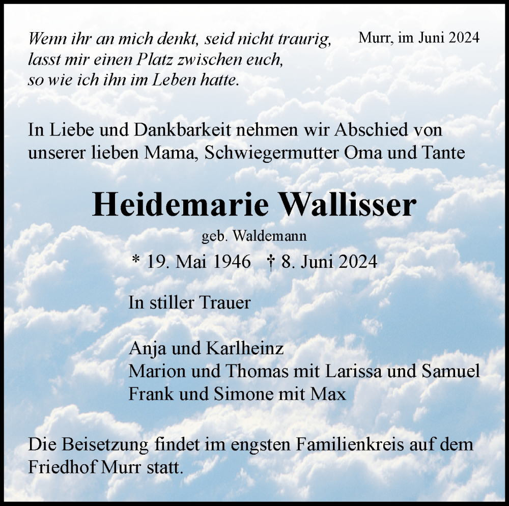  Traueranzeige für Heidemarie Wallisser vom 13.06.2024 aus Marbacher Zeitung