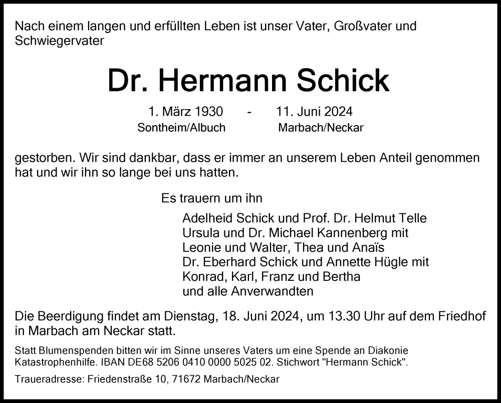  Traueranzeige für Hermann Schick vom 14.06.2024 aus Marbacher Zeitung