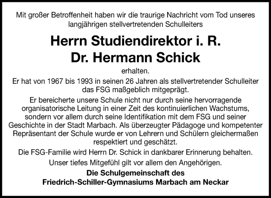 Traueranzeige von Hermann Schick von Marbacher Zeitung