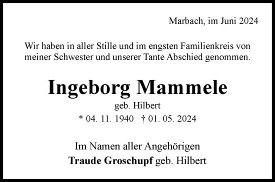 Traueranzeige von Ingeborg Mammele von Marbacher Zeitung