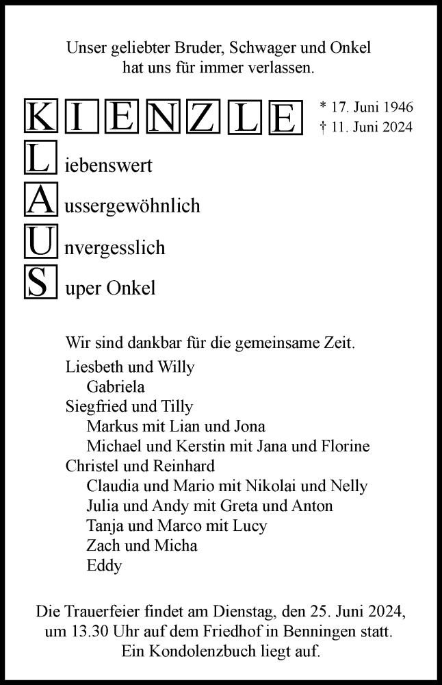  Traueranzeige für Klaus Kienzle vom 20.06.2024 aus Marbacher Zeitung