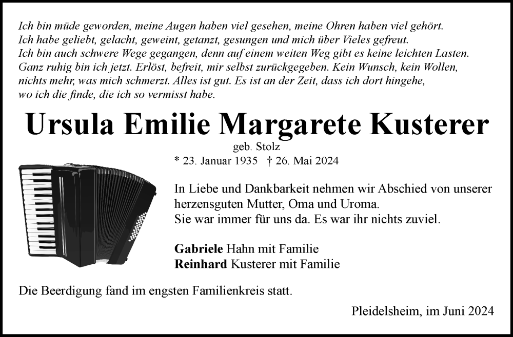  Traueranzeige für Ursula Kusterer vom 10.06.2024 aus Marbacher Zeitung
