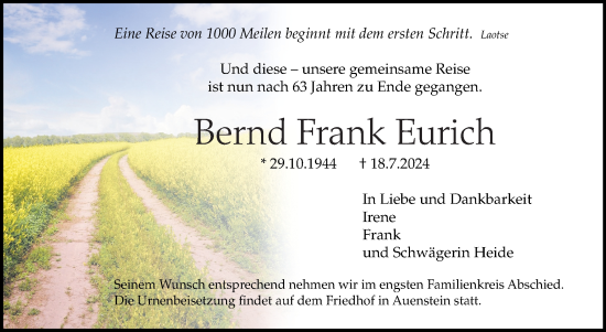 Traueranzeige von Bernd Frank Eurich von Marbacher Zeitung