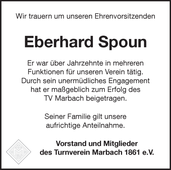 Traueranzeige von Eberhard Spoun von Marbacher Zeitung