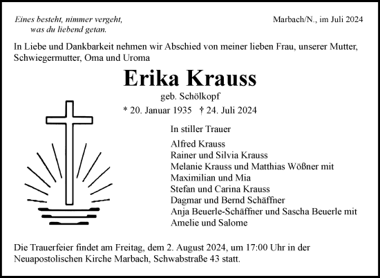 Traueranzeige von Erika Krauss von Marbacher Zeitung