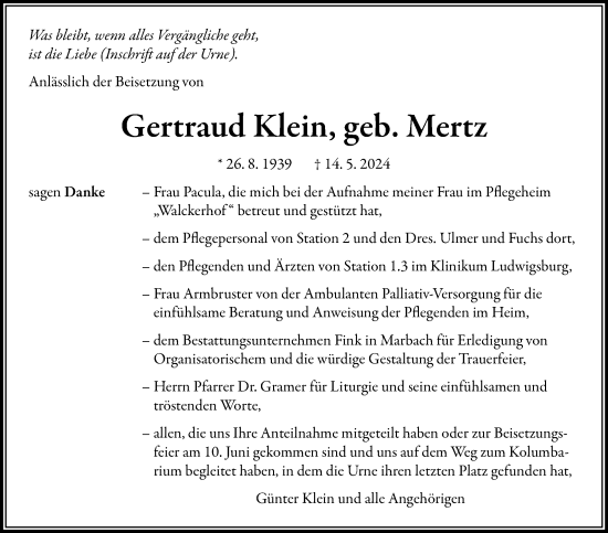 Traueranzeige von Gertraud Klein von Marbacher Zeitung