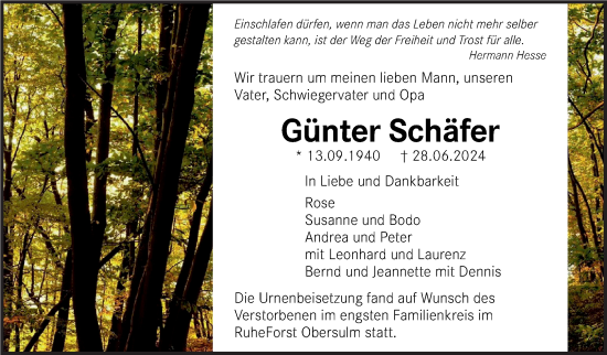 Traueranzeige von Günter Schäfer von Marbacher Zeitung