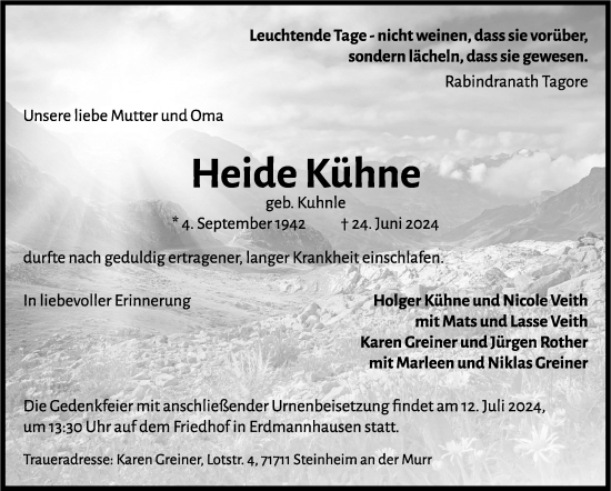 Traueranzeige von Heide Kühne von Marbacher Zeitung