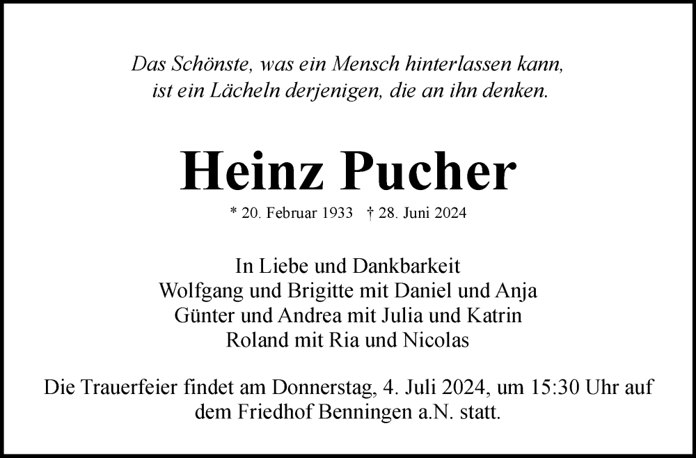  Traueranzeige für Heinz Pucher vom 02.07.2024 aus Marbacher Zeitung