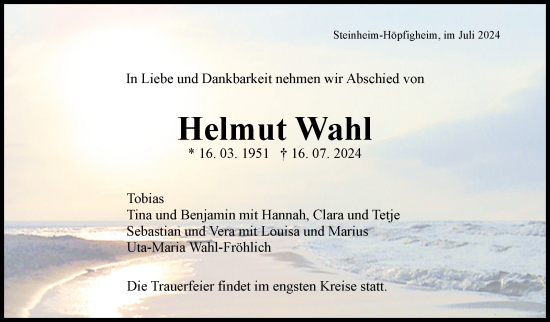 Traueranzeige von Helmut Wahl von Marbacher Zeitung