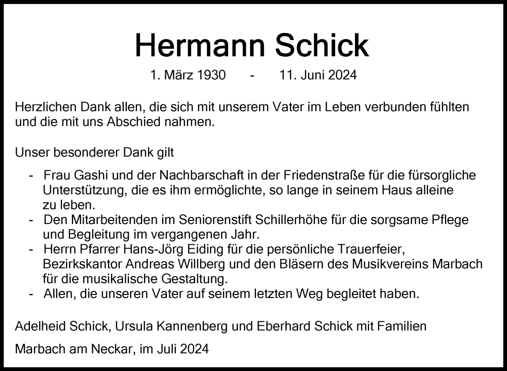 Traueranzeige für Hermann Schick vom 11.07.2024 aus Marbacher Zeitung