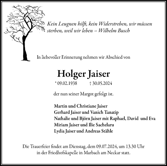 Traueranzeige von Holger Jaiser von Marbacher Zeitung