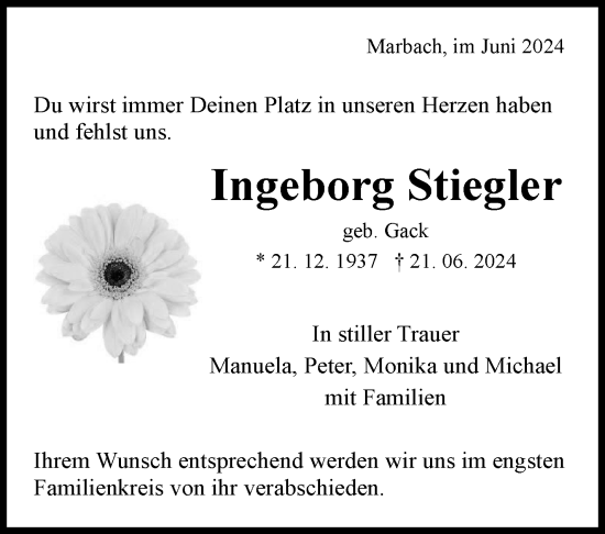 Traueranzeige von Ingeborg Stiegler von Marbacher Zeitung