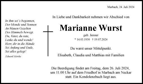 Traueranzeige von Marianne Wurst von Marbacher Zeitung